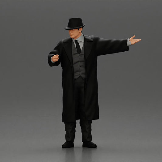 Diorama model building product photo 0: Diorama miniature: Mafioso in suit and coat with hat, gesturing (Ref No. A94)