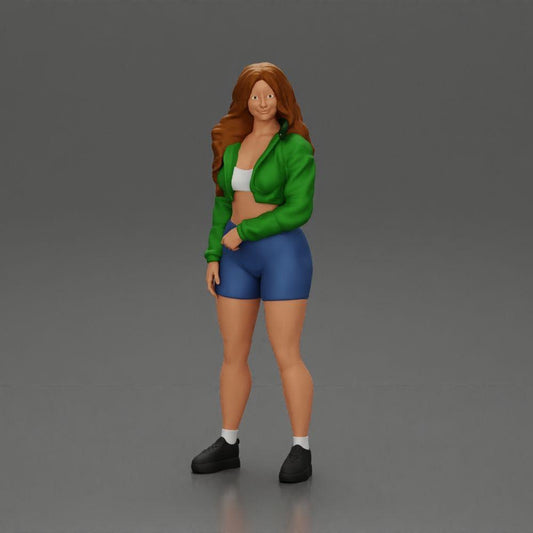 Diorama model building product photo 0: miniature figure: sporty girl standing with short jacket, shorts, and sneakers (Ref No. A74)
