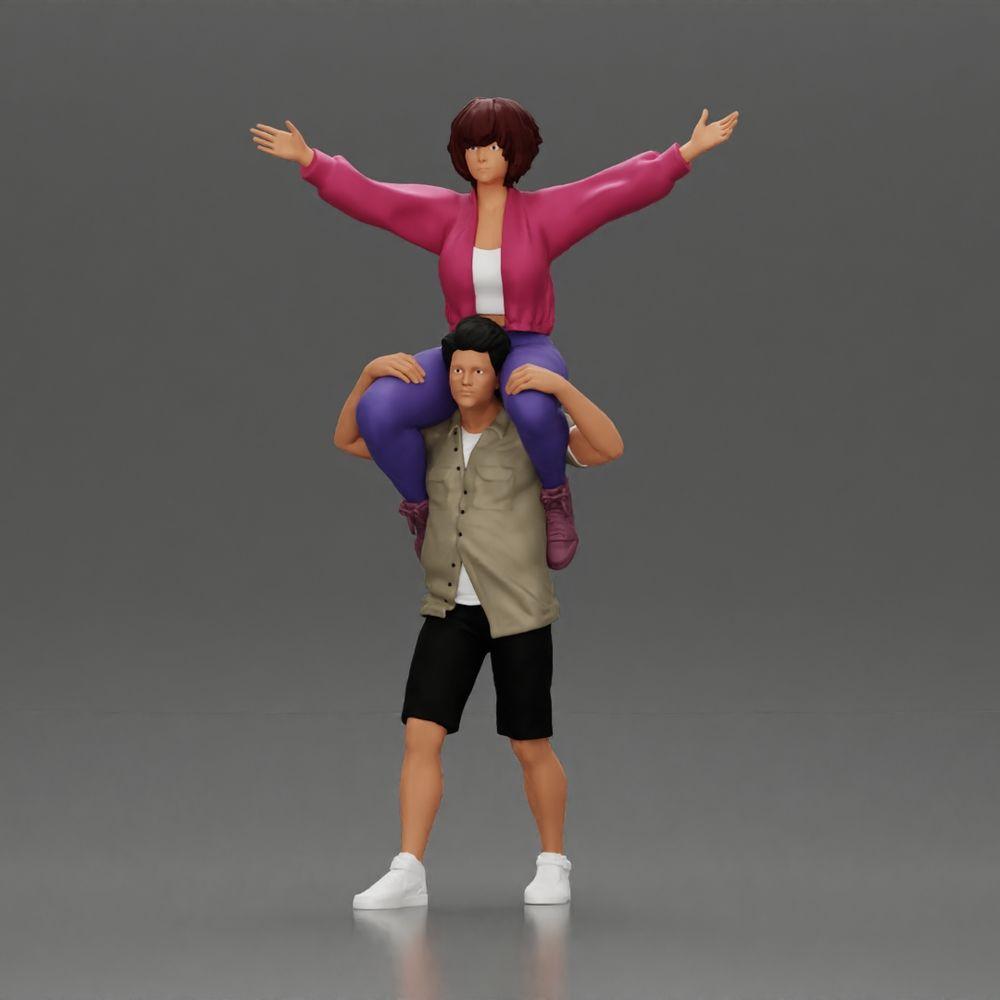 Diorama model building product photo 0: Miniature figure: Man in shorts carrying girlfriend on shoulders, posing couple (Ref No. A76)