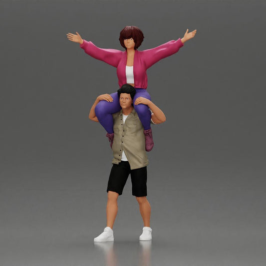 Diorama model building product photo 0: Miniature figure: Man in shorts carrying girlfriend on shoulders, posing couple (Ref No. A76)