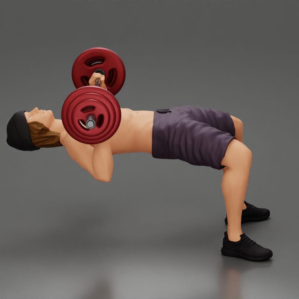 Diorama model building product photo 0: Diorama figure: Male miniature bench pressing with hip bridge, dumbbell, hat, and shorts (Ref No. A111)