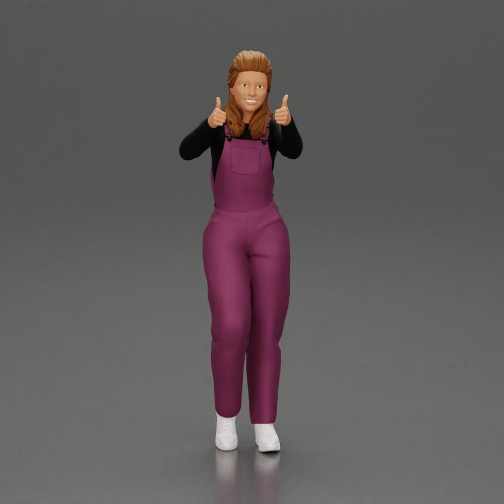 Diorama model building product photo 0: Standing, smiling girl in overalls, both thumbs up - diorama figure (Ref No. A82)