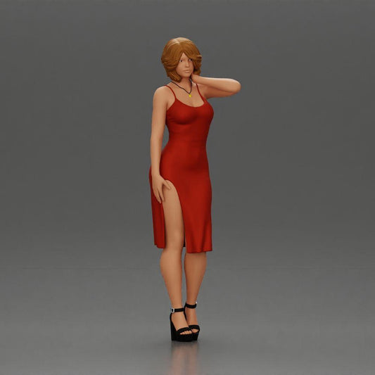 Diorama model building product photo 0: Female diorama figure in mini dress, short hair, hand on neck, necklace (Ref No. A99)