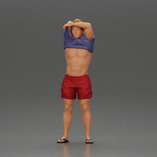 Diorama model building product photo 0: Standing miniature: muscular man in shorts pulling T-shirt over his head (Ref No. A90)