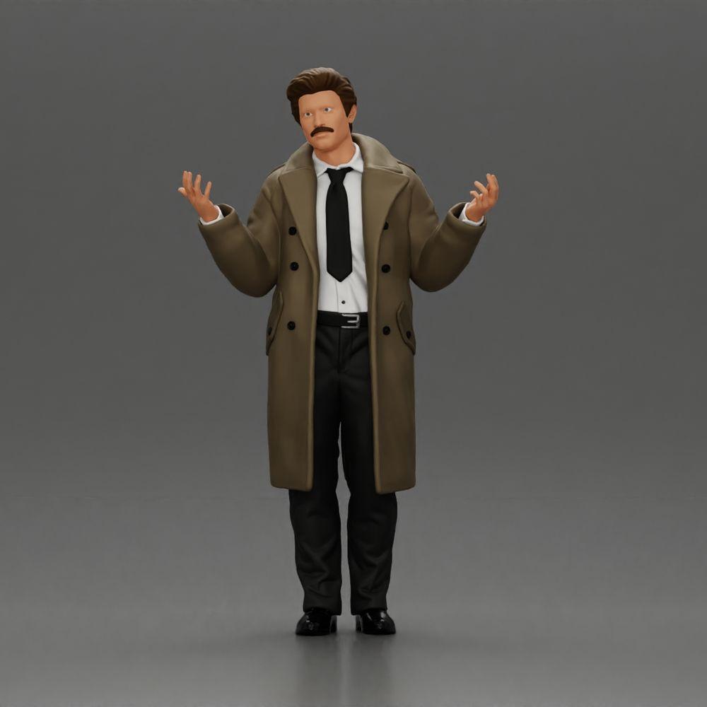 Diorama Modellbau Produktfoto 0: Diorama-Miniaturfigur: Polizeidetektiv im Mantel, stehend mit offenen Händen (Ref Nr. A63)