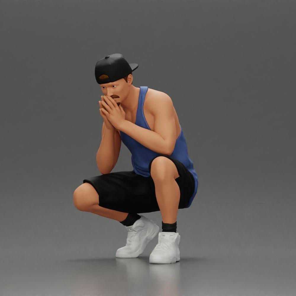 Diorama model building product photo 0: Diorama miniature: Pensive man sitting with cap, shorts, and sneakers (Ref No. A77)