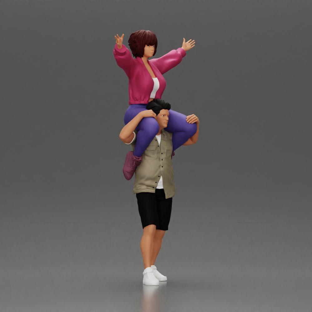 Diorama model building product photo 1: miniature figure: man in shorts carrying girlfriend on shoulders, posing couple (Ref No. A76)