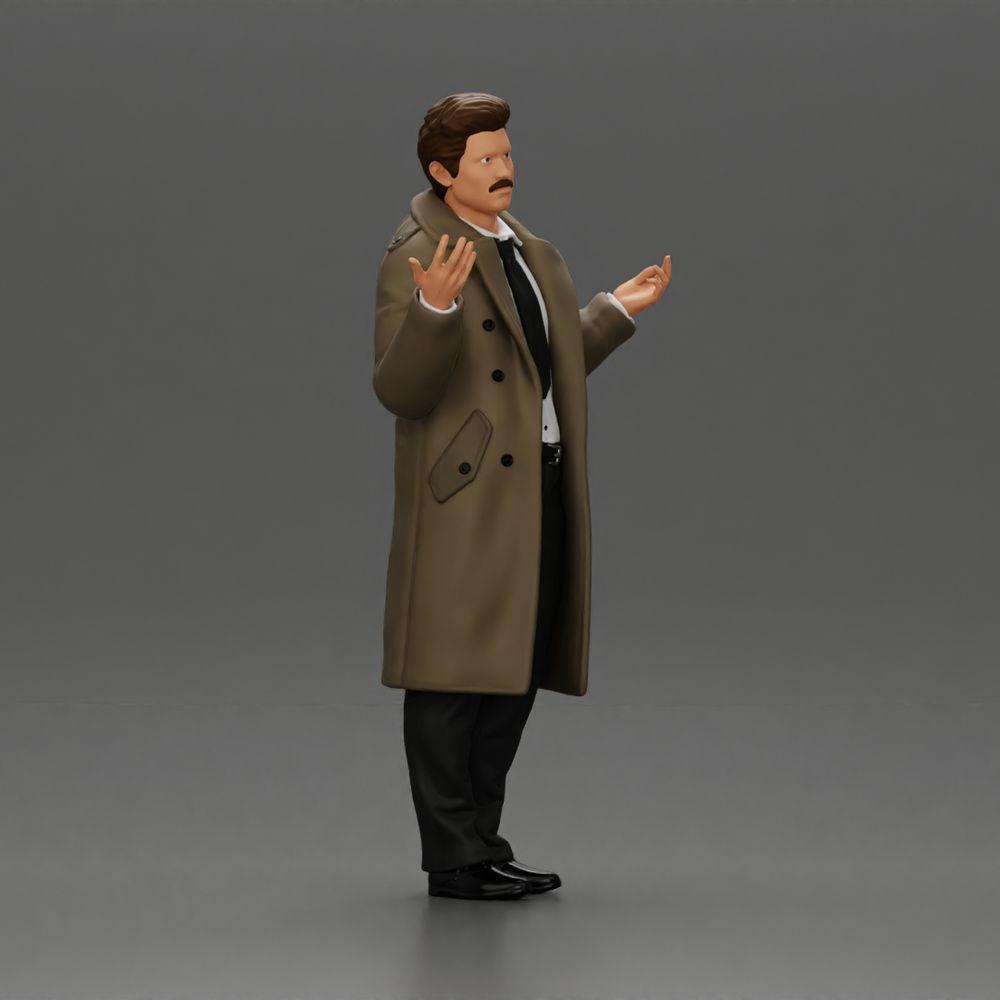 Diorama Modellbau Produktfoto 1: Diorama-Miniaturfigur: Polizeidetektiv im Mantel, stehend mit offenen Händen (Ref Nr. A63)