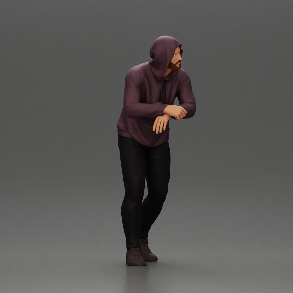 Diorama model building product photo 1: Diorama figure: man with hood, hands on car, slightly leaning forward (Ref No. A115)