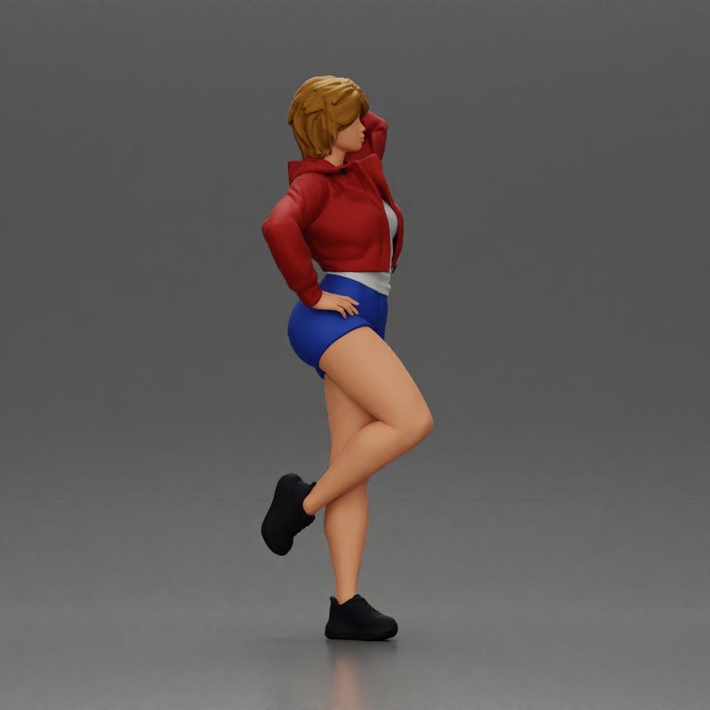 Diorama model building product photo 1: Female miniature with short hair, jacket & shorts, leaning against a car (Ref No. A67)