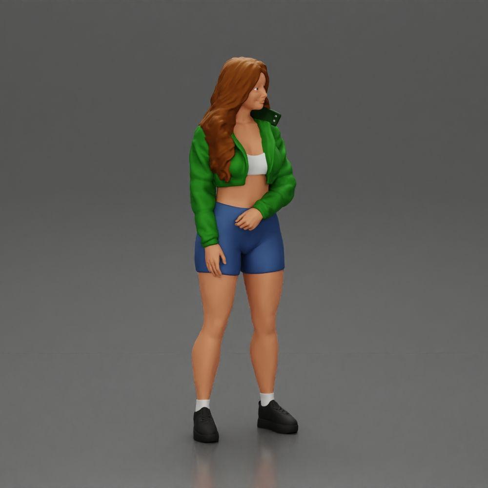 Diorama model building product photo 1: miniature figure: sporty girl standing with short jacket, shorts, and sneakers (Ref No. A74)
