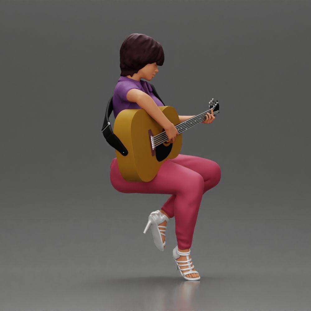 Diorama model building product photo 1: Miniature: Woman with short hair playing acoustic guitar necklace, strappy sandals (Ref No. A128)