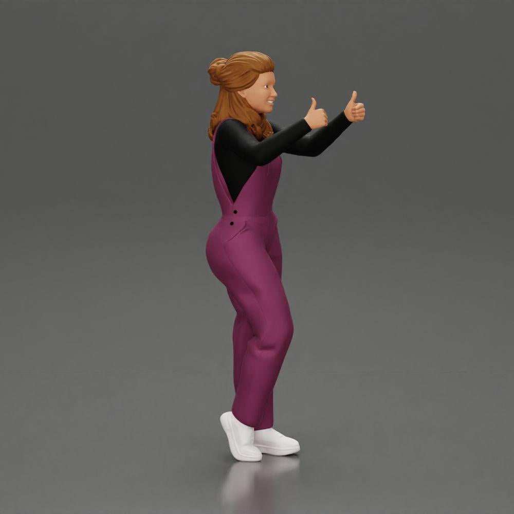 Diorama model building product photo 1: Standing, smiling girl in overalls, both thumbs up - diorama figure (Ref No. A82)