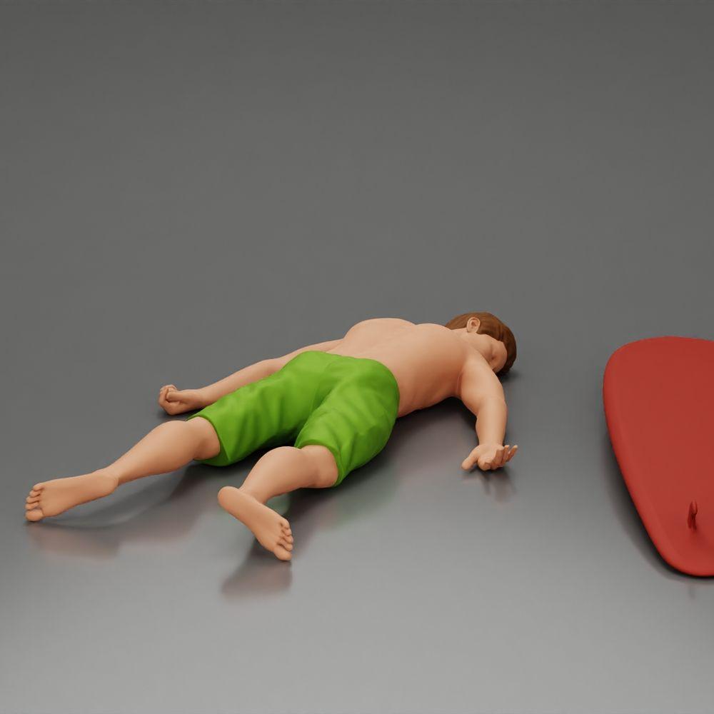 Diorama model building product photo 1: Diorama miniature: Lying person prone next to surfboard with fins (Ref No. A66)