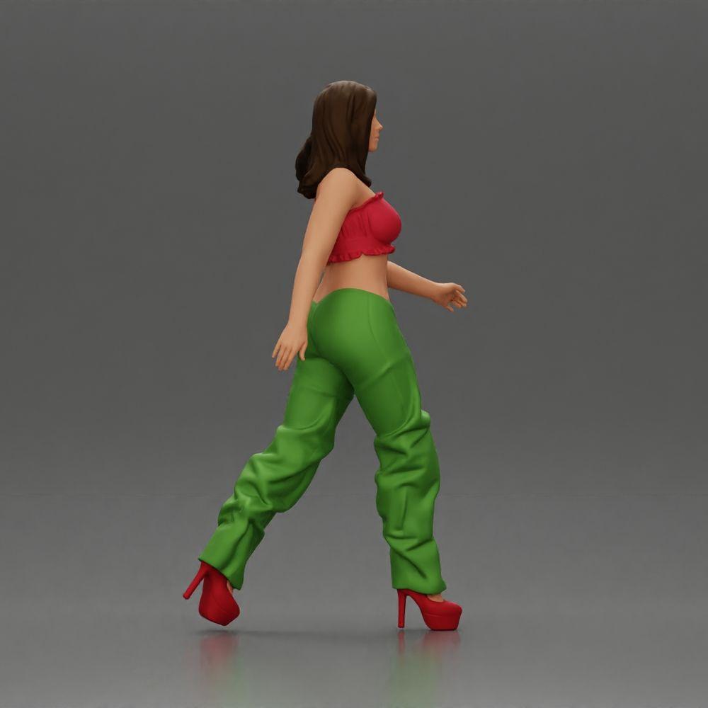 Diorama model building product photo 1: Diorama figure: miniature figure woman in walking pose, green-red, crop top, wide pants, pumps (Ref No. A141)