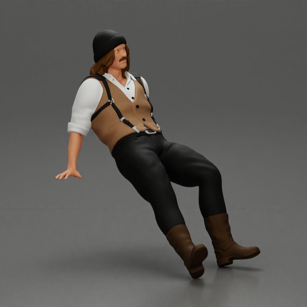 Diorama model building product photo 1: Sitting miniature figure, man in historical clothing with cap and suspenders (Ref No. A84)