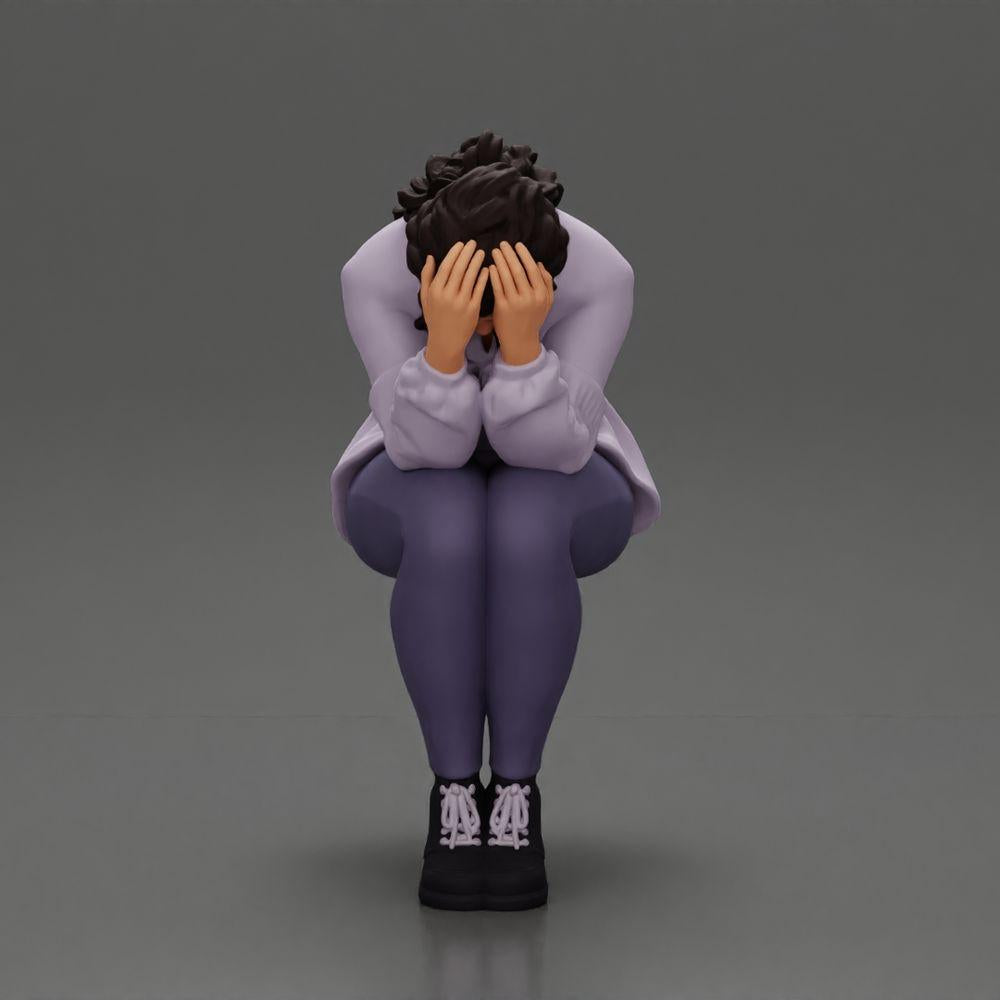 Diorama model building product photo 1: miniature figure: sad girl with puff sleeves, sitting, face in hands (Ref No. A88)
