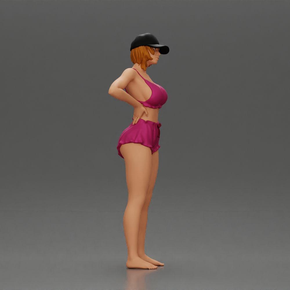 Diorama model building product photo 1: Diorama figure: Standing miniature figure in summer look with cap, shorts, barefoot on the beach (Ref No. A108)