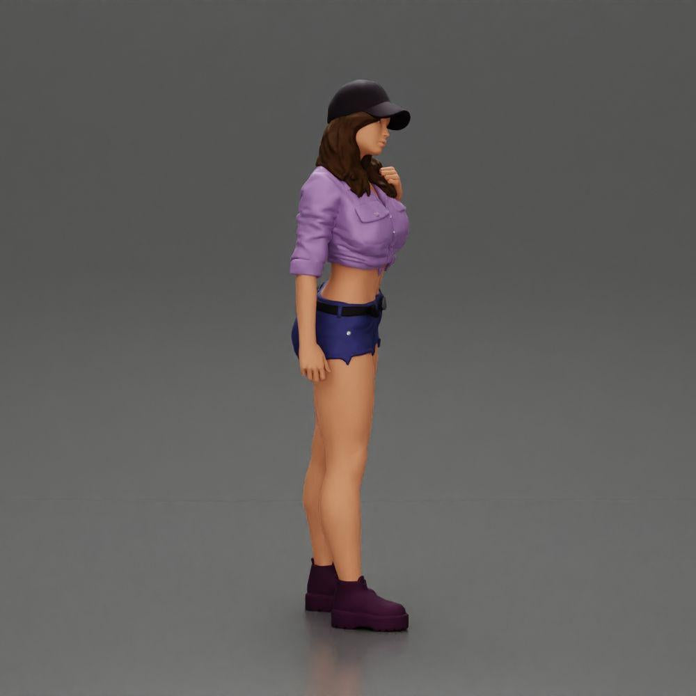 Diorama model building product photo 1: Diorama miniature: Female figure in cap, knotted shirt & shorts, waiting (Ref No. A104)