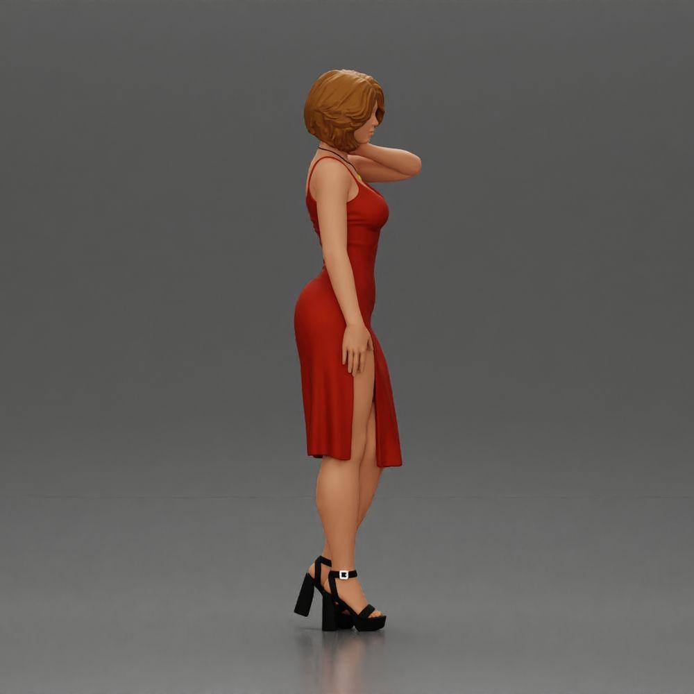 Diorama model building product photo 1: Female diorama figure in mini dress, short hair, hand on neck, necklace (Ref No. A99)