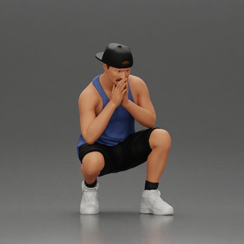 Diorama model building product photo 1: Diorama miniature: Pensive man sitting with cap, shorts, and sneakers (Ref No. A77)
