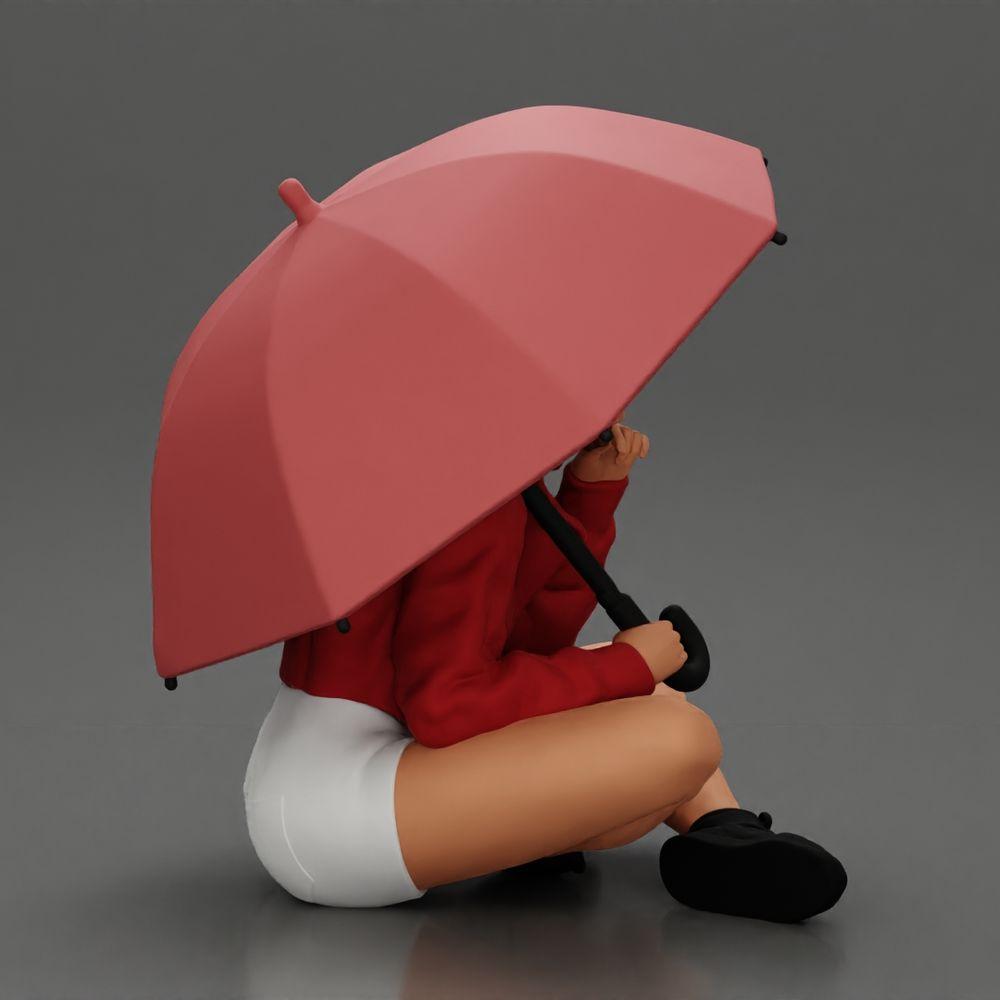Diorama model building product photo 1: Diorama miniature: Sitting woman in jacket and shorts with open umbrella (Ref No. A85)