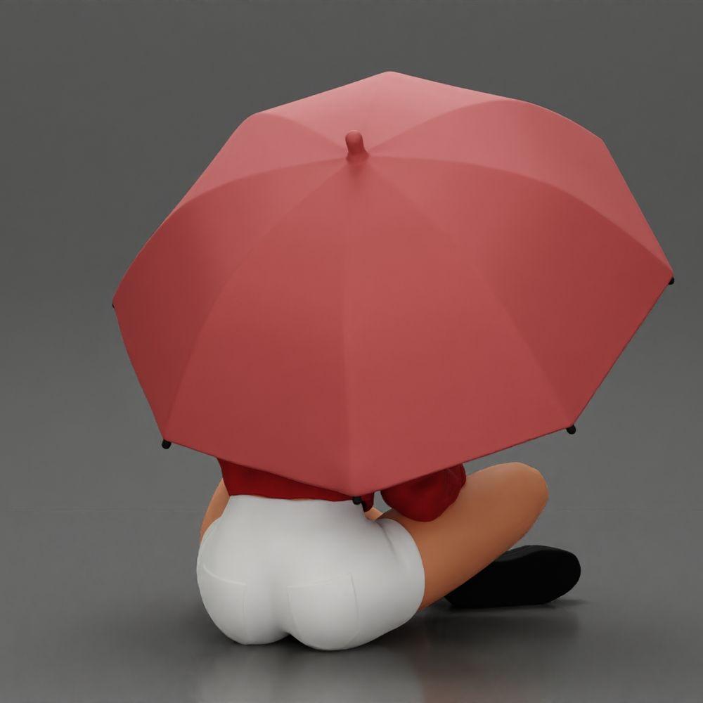 Diorama model building product photo 2: Diorama miniature: Sitting woman in jacket and shorts with open umbrella (Ref No. A85)