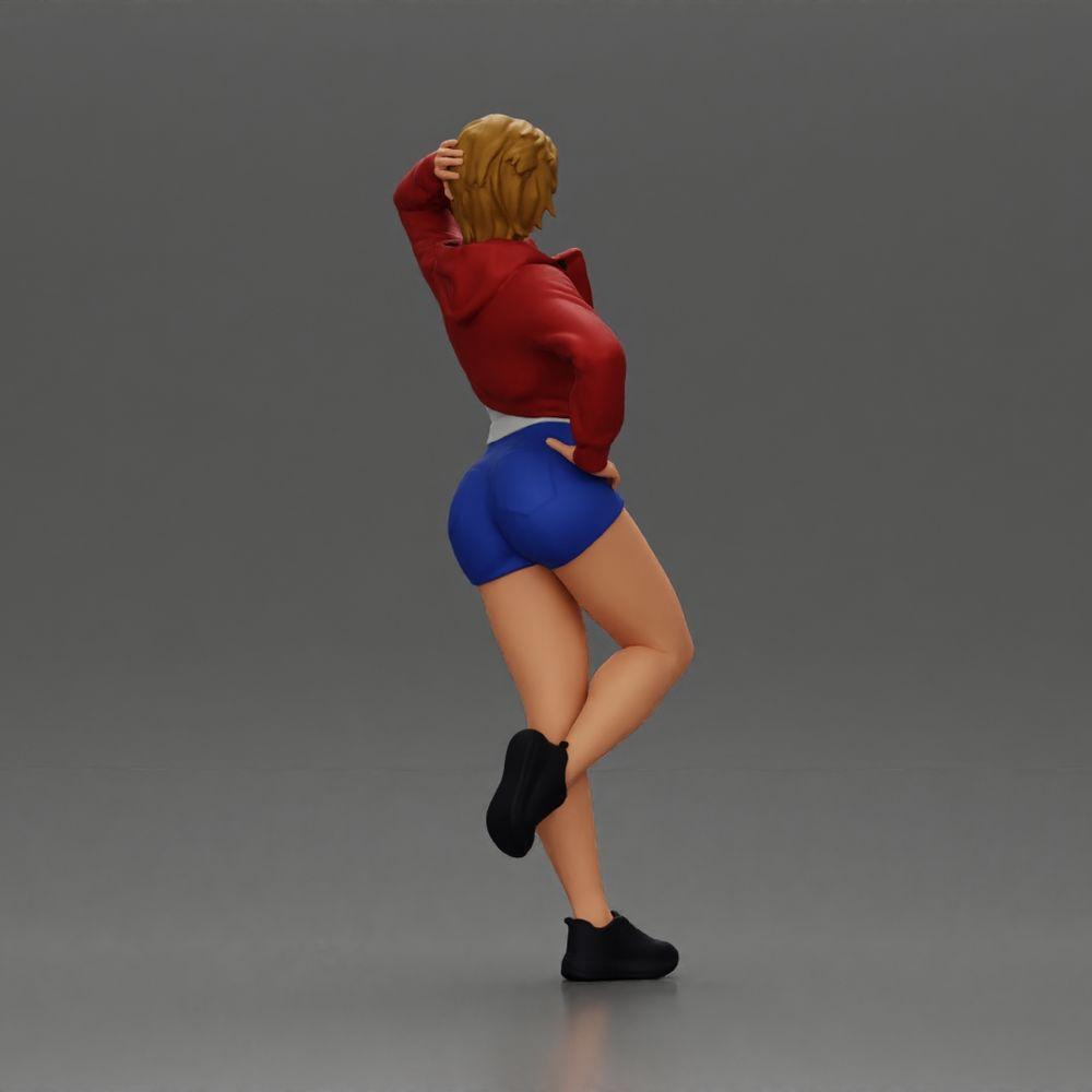 Diorama model building product photo 2: Female miniature with short hair, jacket & shorts, leaning against a car (Ref No. A67)
