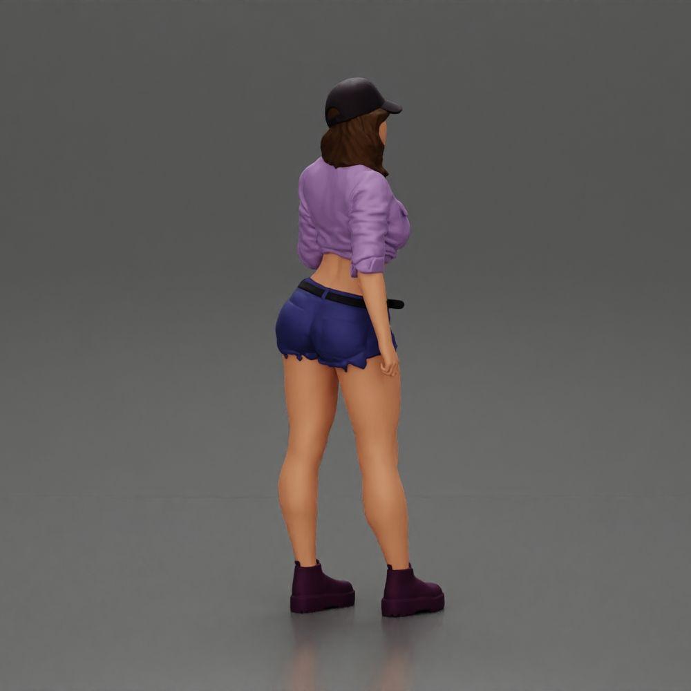 Diorama model building product photo 2: Diorama miniature: Female figure in cap, knotted shirt & shorts, waiting (Ref No. A104)