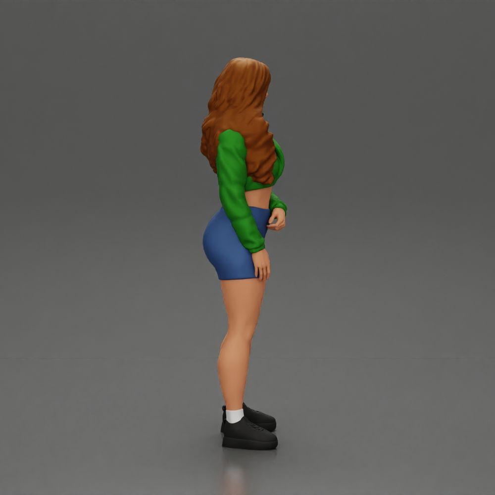 Diorama model building product photo 2: miniature figure: sporty girl standing with short jacket, shorts, and sneakers (Ref No. A74)