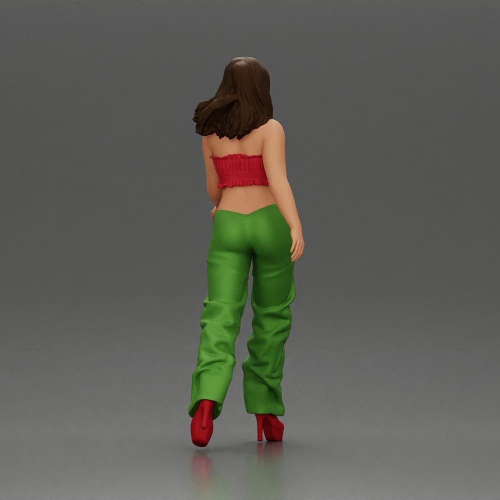 Diorama model building product photo 2: Diorama figure: miniature figure woman in walking pose, green-red, crop top, wide pants, pumps (Ref No. A141)
