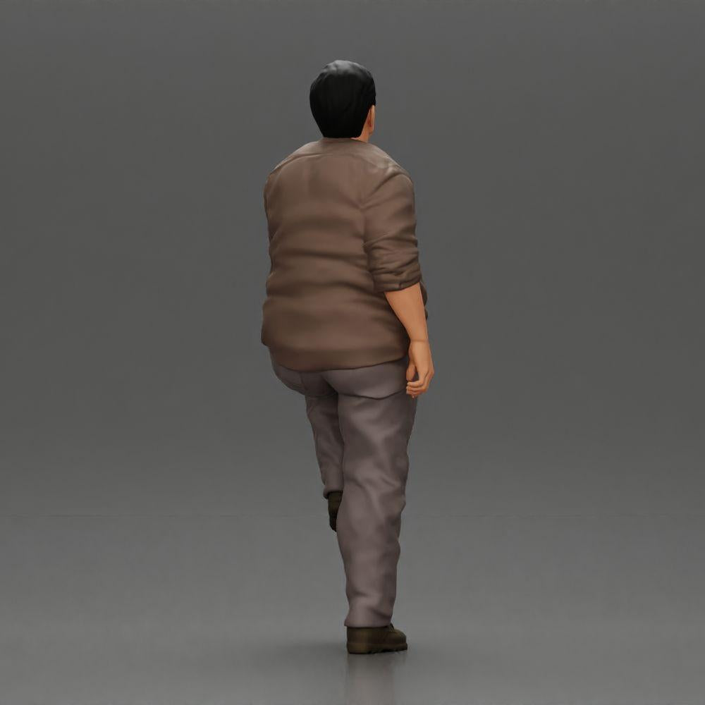Diorama model building product photo 2: miniature figure: portly Asian man, looking up, in shirt, foot on step (Ref No. A101)