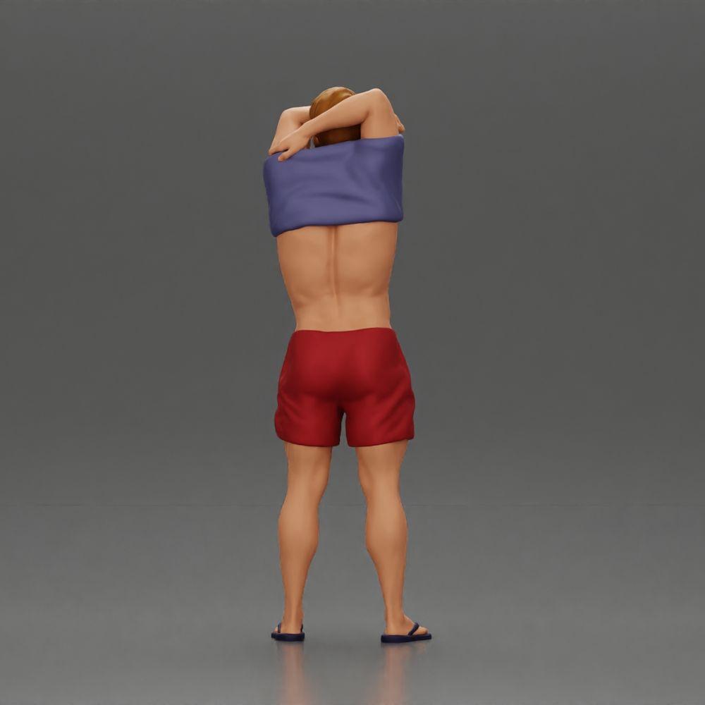 Diorama model building product photo 3: Standing miniature: muscular man in shorts pulling T-shirt over his head (Ref No. A90)
