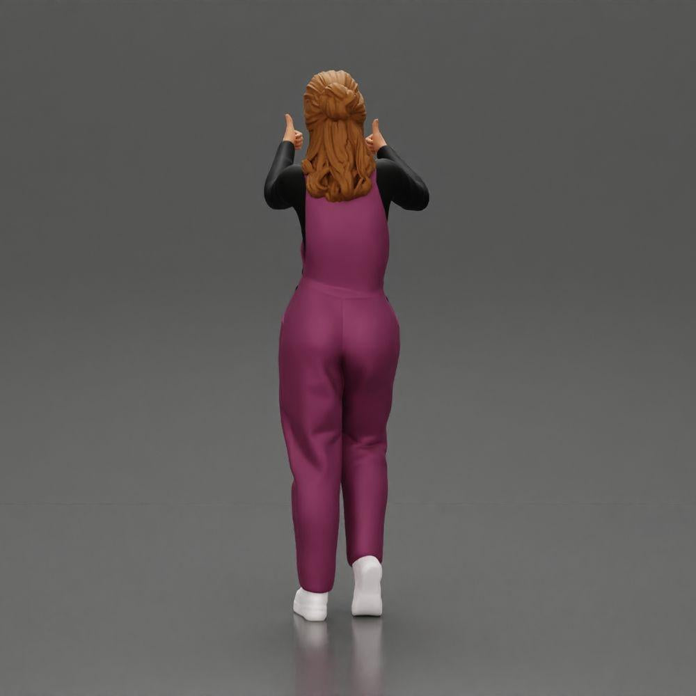 Diorama model building product photo 3: Standing, smiling girl in overalls, both thumbs up - diorama figure (Ref No. A82)