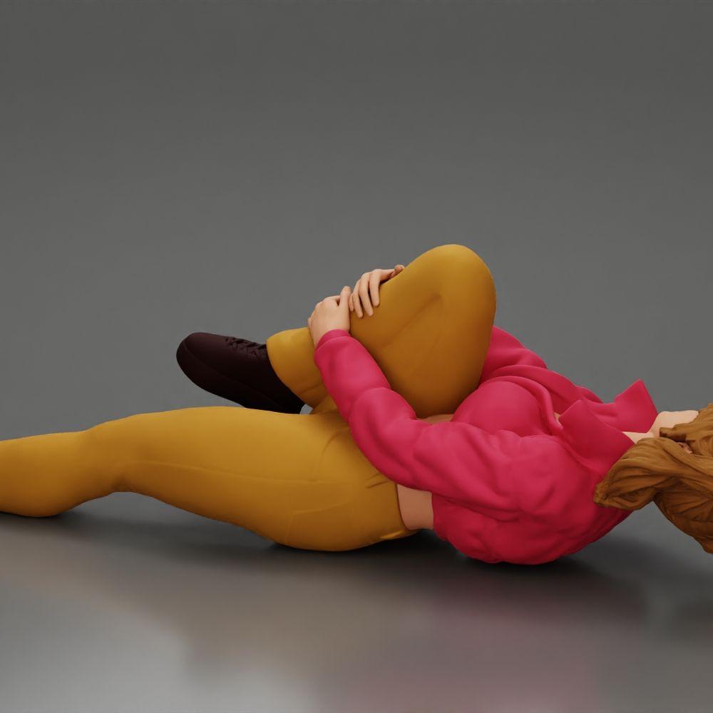Diorama model building product photo 3: Reclining woman in mini jacket holding injured knee - diorama miniature (Ref No. A87)