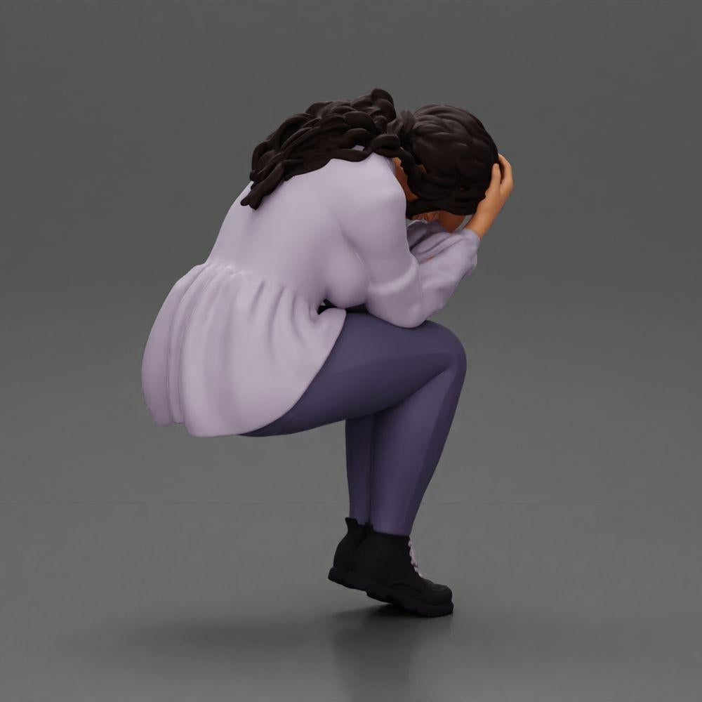 Diorama model building product photo 3: miniature figure: sad girl with puff sleeves, sitting, face in hands (Ref No. A88)