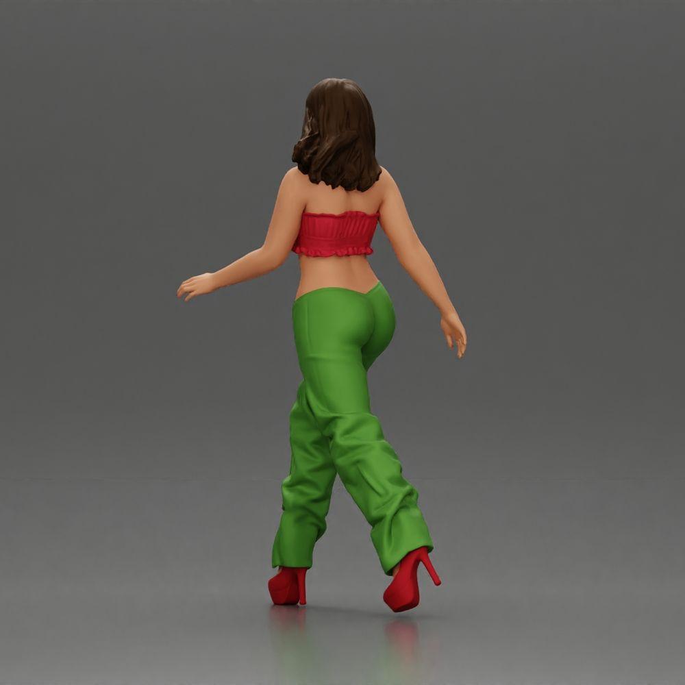 Diorama model building product photo 3: Diorama figure: miniature figure woman in walking pose, green-red, crop top, wide pants, pumps (Ref No. A141)