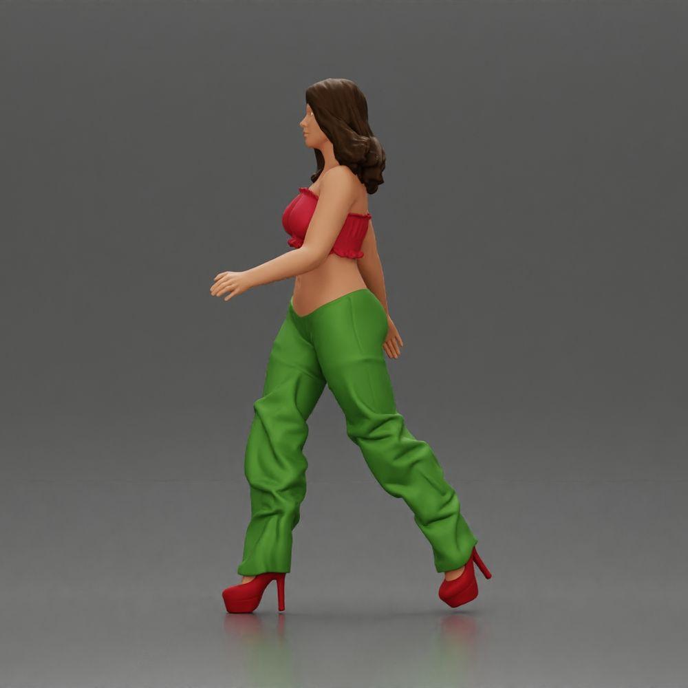 Diorama model building product photo 4: Diorama figure: miniature figure woman in walking pose, green-red, crop top, wide pants, pumps (Ref No. A141)