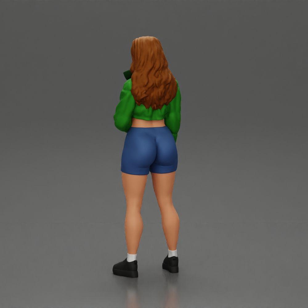 Diorama model building product photo 4: miniature figure: sporty girl standing with short jacket, shorts, and sneakers (Ref No. A74)