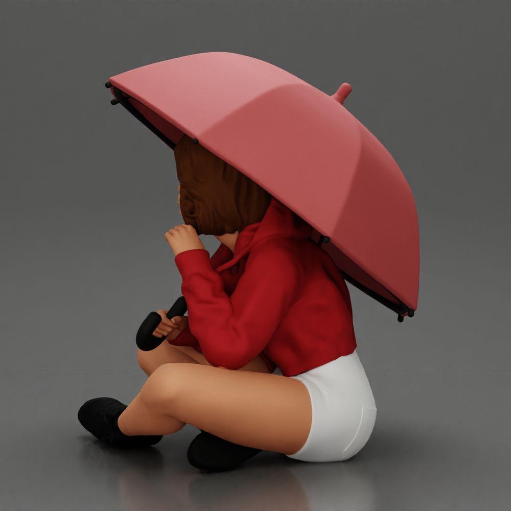 Diorama model building product photo 4: Diorama miniature: Sitting woman in jacket and shorts with open umbrella (Ref No. A85)