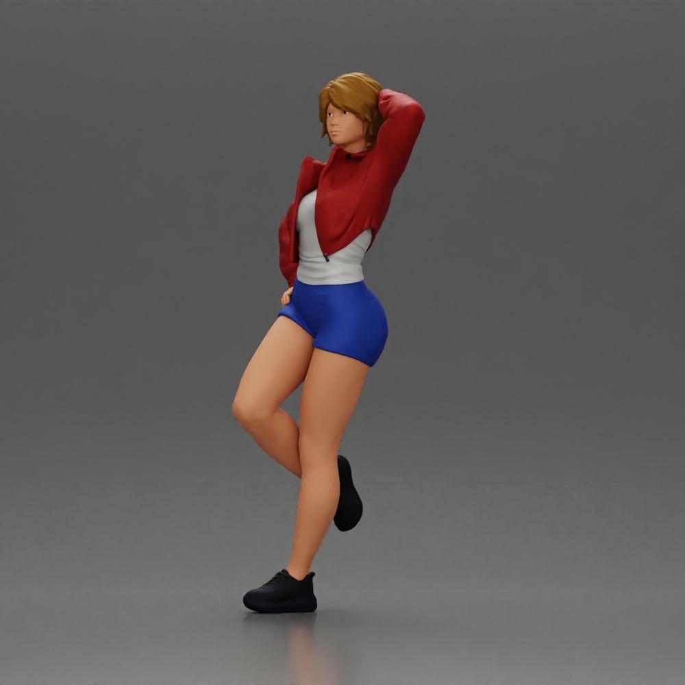 Diorama model building product photo 5: Female miniature with short hair, jacket & shorts, leaning against a car (Ref No. A67)