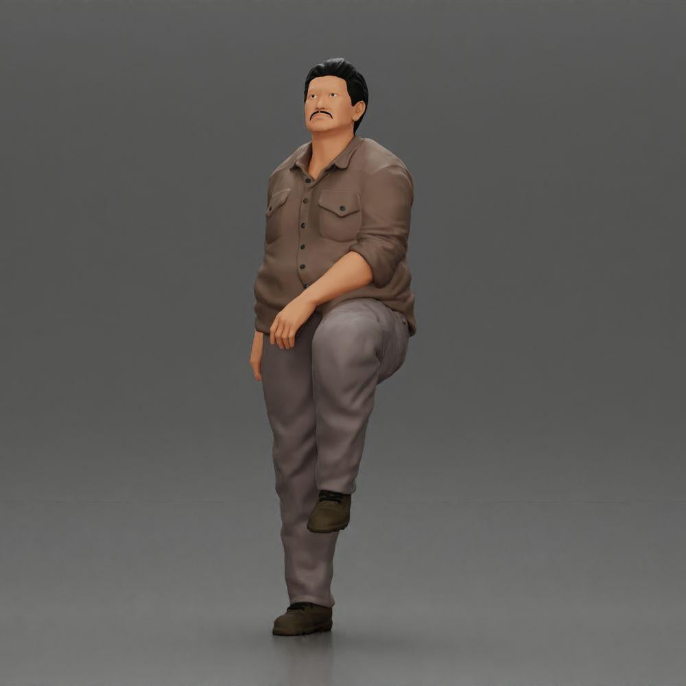 Diorama model building product photo 5: miniature figure: stout Asian man, looking up, in shirt, foot on step (Ref No. A101)