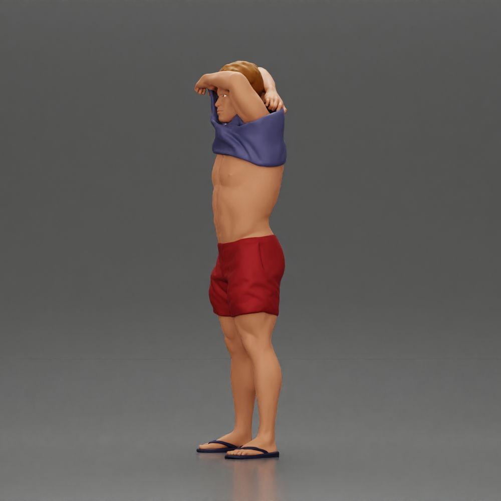 Diorama model building product photo 5: Standing miniature: muscular man in shorts pulling T-shirt over his head (Ref No. A90)