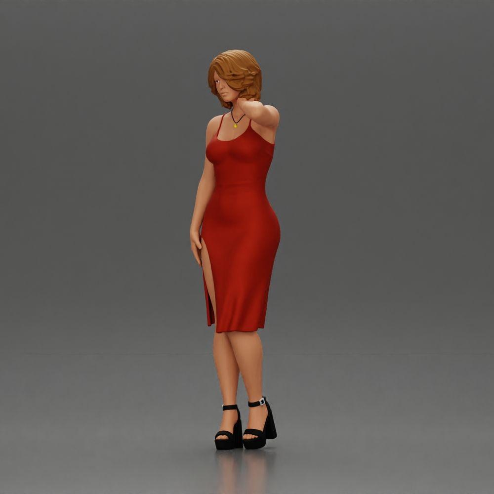 Diorama model building product photo 5: Female diorama figure in mini dress, short hair, hand on neck, necklace (Ref No. A99)