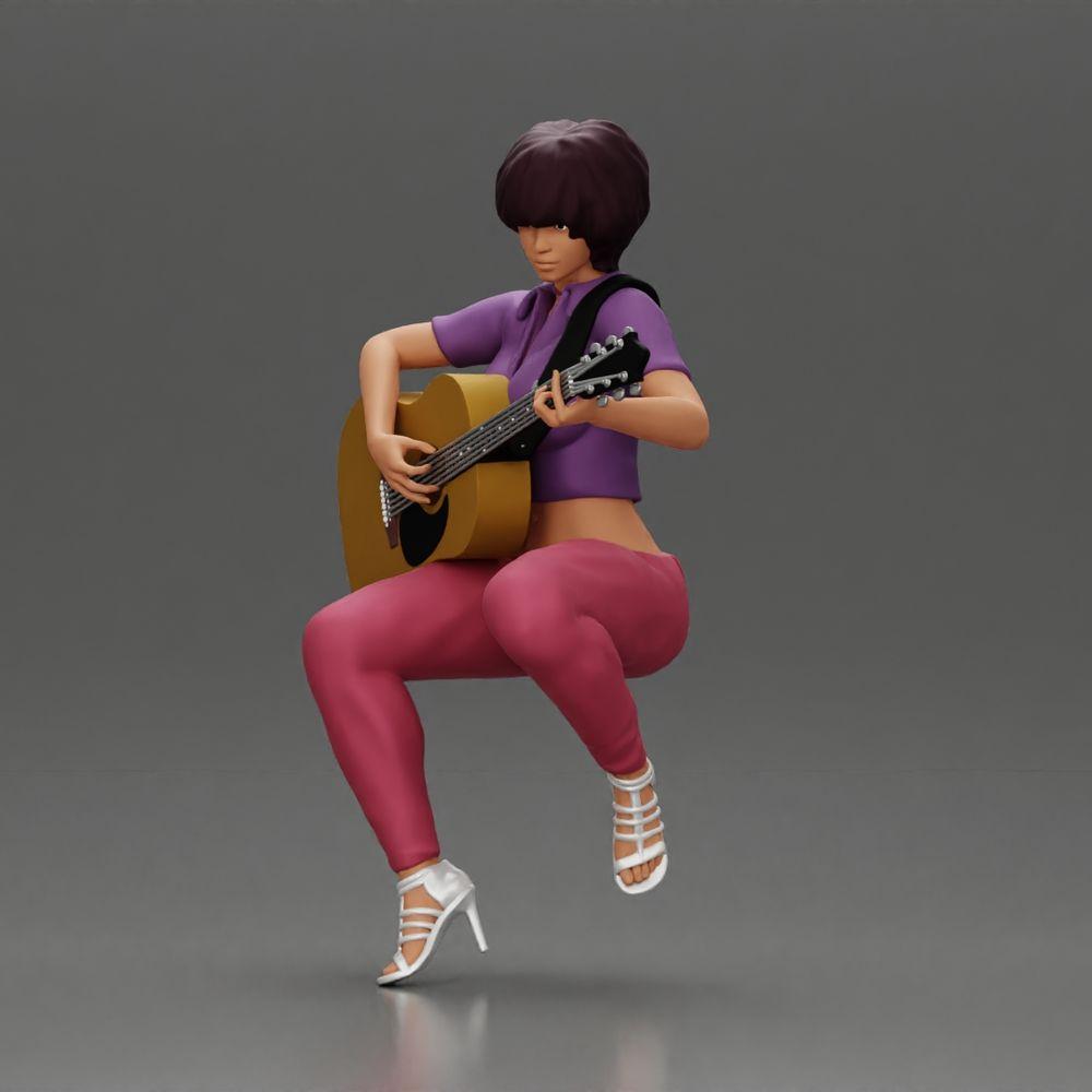Diorama model building product photo 5: Miniature: Woman with short hair playing acoustic guitar necklace, strappy sandals (Ref No. A128)