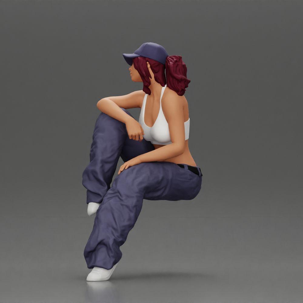 Diorama model building product photo 5: miniature figure: lowrider woman sitting with cap, arm on knee, tank top & sneakers (Ref No. A138)