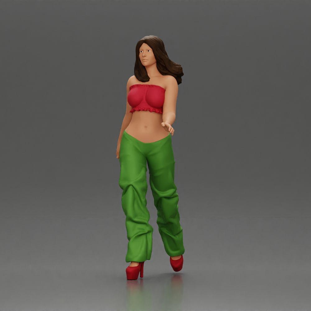Diorama model building product photo 5: Diorama figure: miniature figure woman in walking pose, green-red, crop top, wide pants, pumps (Ref No. A141)