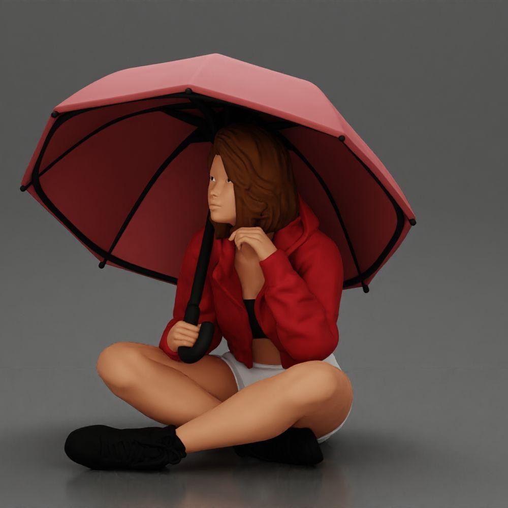 Diorama model building product photo 5: Diorama miniature: Sitting woman in jacket and shorts with open umbrella (Ref No. A85)