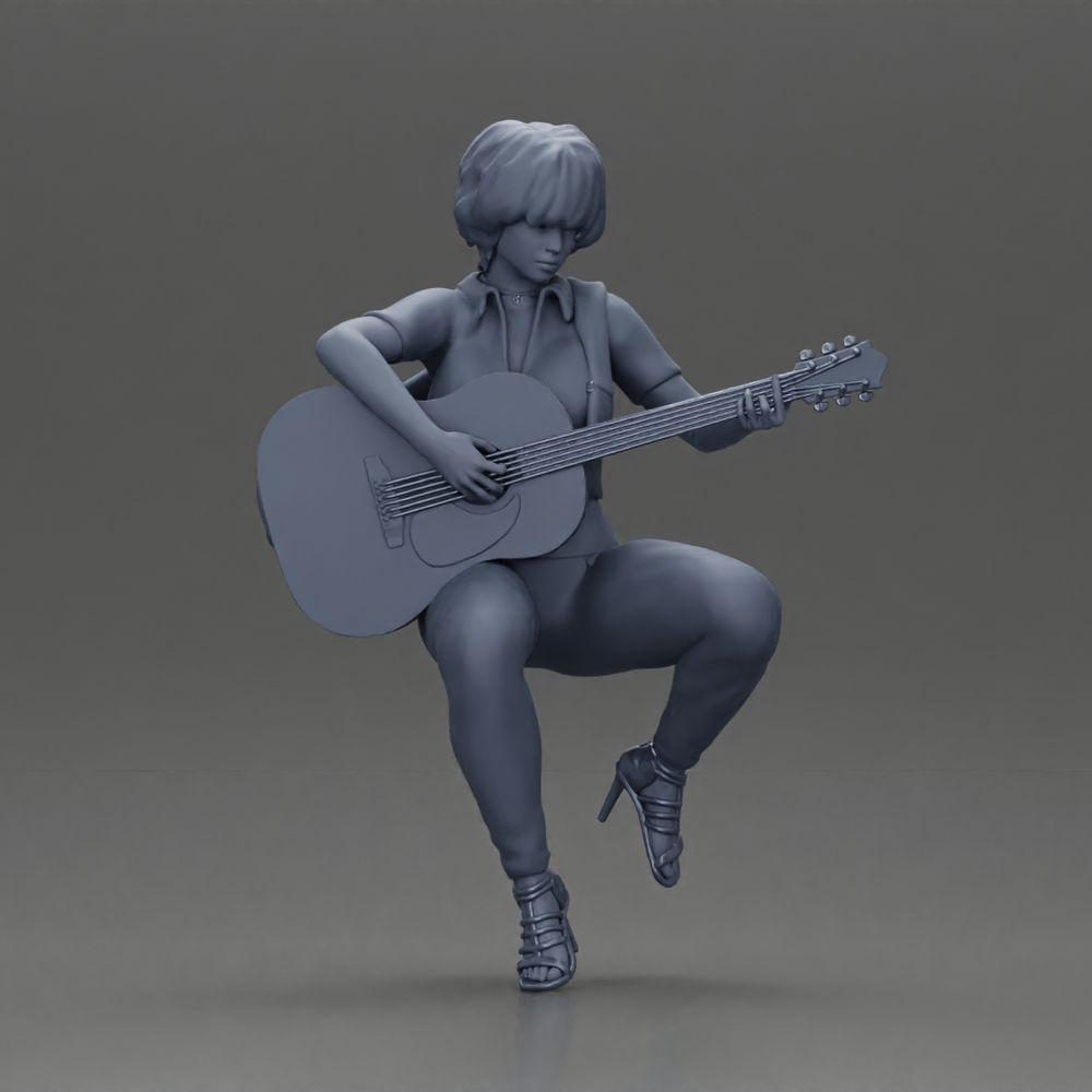 Diorama model building product photo 6: miniature: woman with short hair playing acoustic guitar necklace, strappy sandals (Ref No. A128)