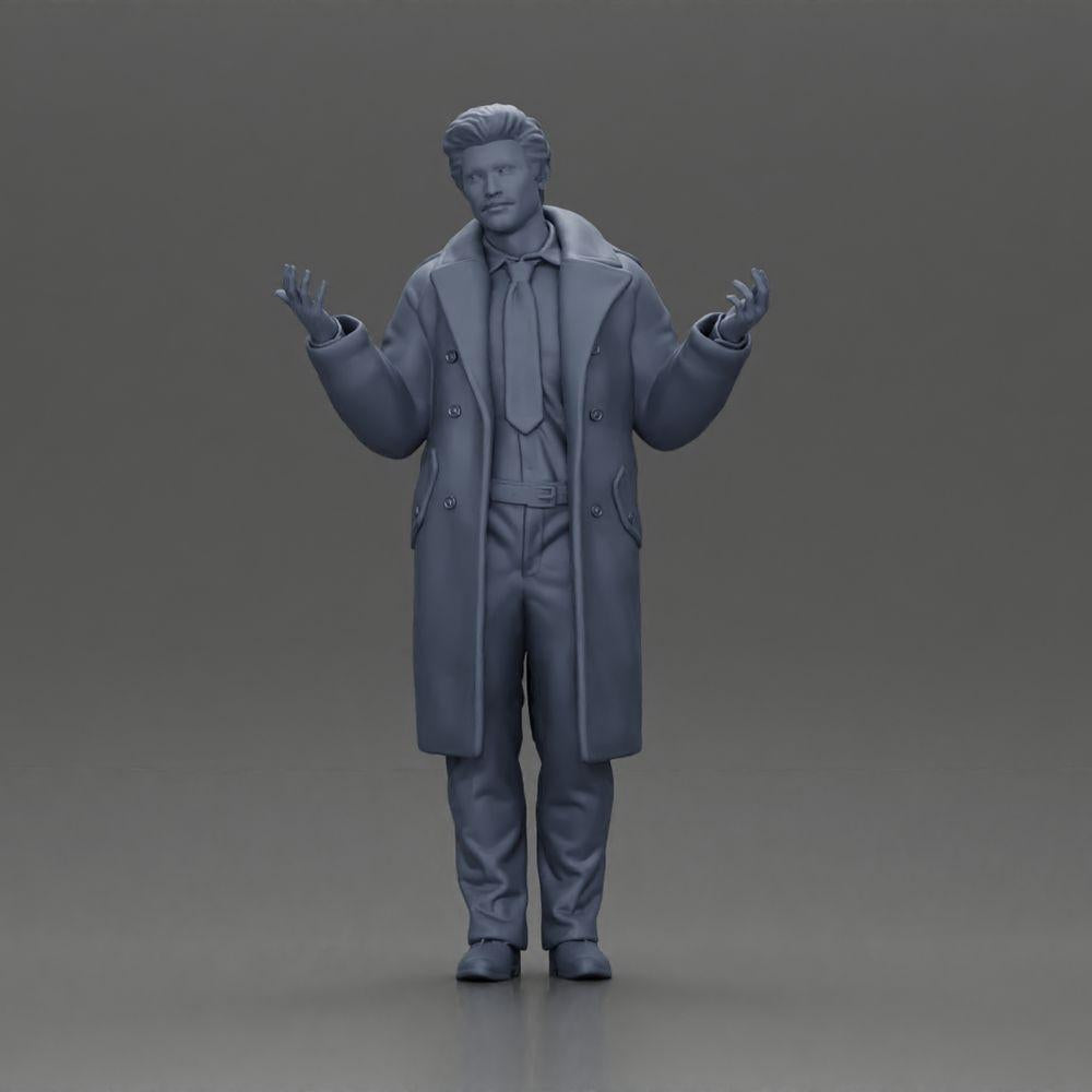 Diorama Modellbau Produktfoto 6: Diorama-Miniaturfigur: Polizeidetektiv im Mantel, stehend mit offenen Händen (Ref Nr. A63)